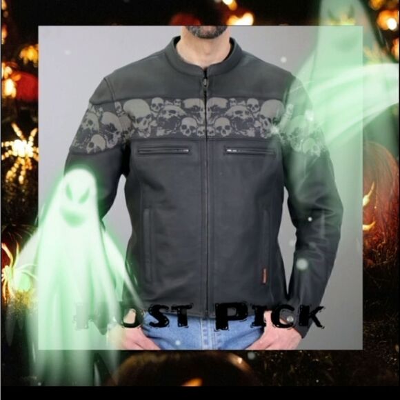 Men's Reflective Skull Leather Biker Jacket - Picture 1 of 9